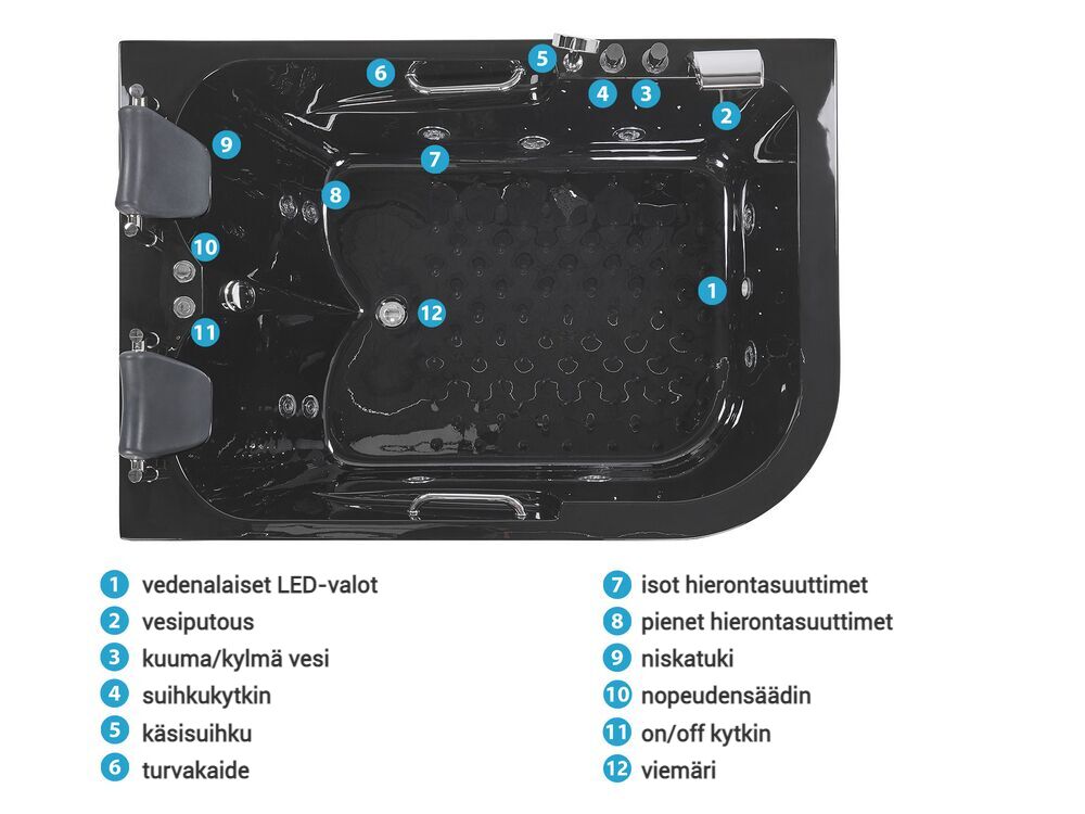 Kulmaporeamme vasenk. LED-valot musta 170 x 119 cm BAYAMO
